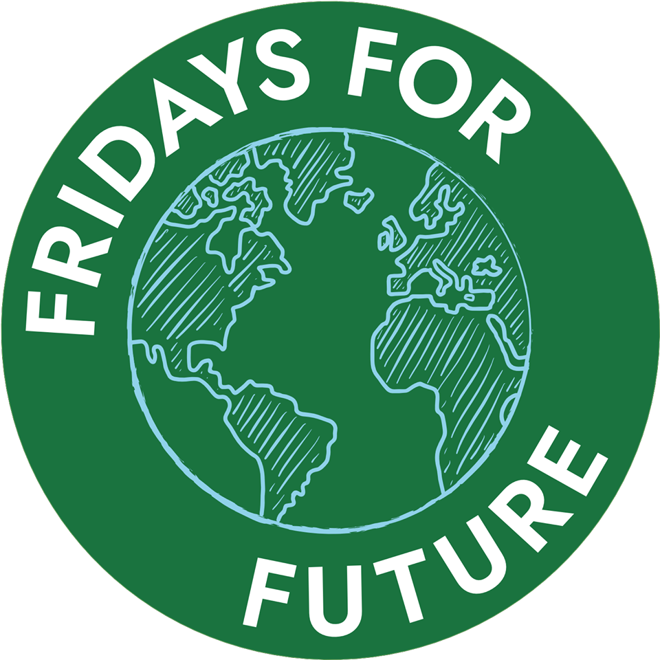 Logo Fridays For Future: Name + gezeichnete Kontinente auf grünem Hintergrund.