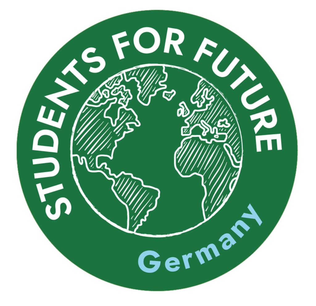 Logo Students For Future: Name + gezeichnete Kontinente auf grünem Hintergrund.